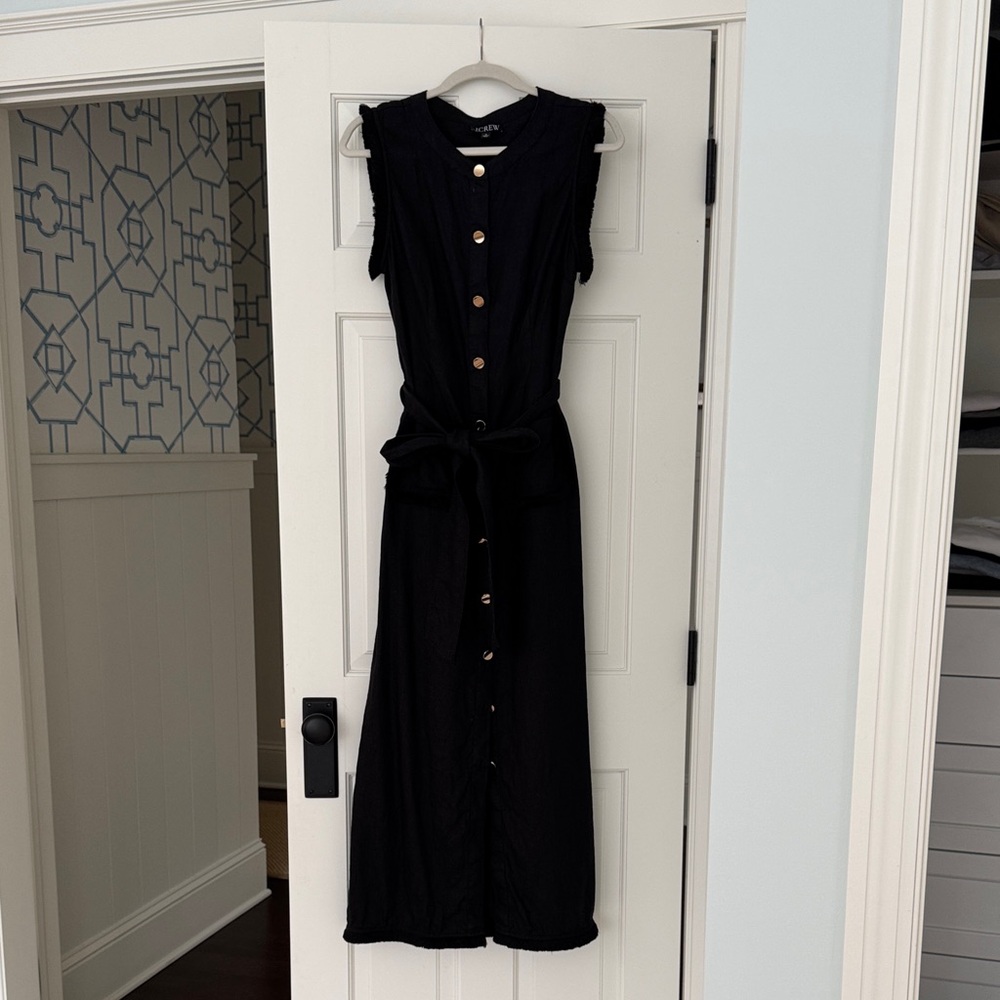 J. Crew linen Black Sleeveless Button-Front Tie-Waist Maxi Dress